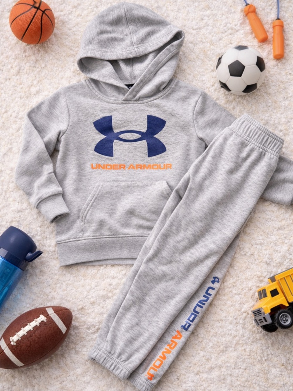 Under Armour Grey Hoodie & Jogger Set with Navy and Orange Logo